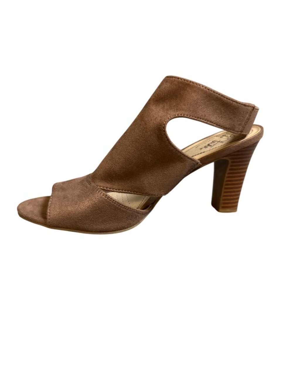 Life Stride Cara HeelsTaupe Fabric Upper Open Toe Slip-On Comfort Size 7.5